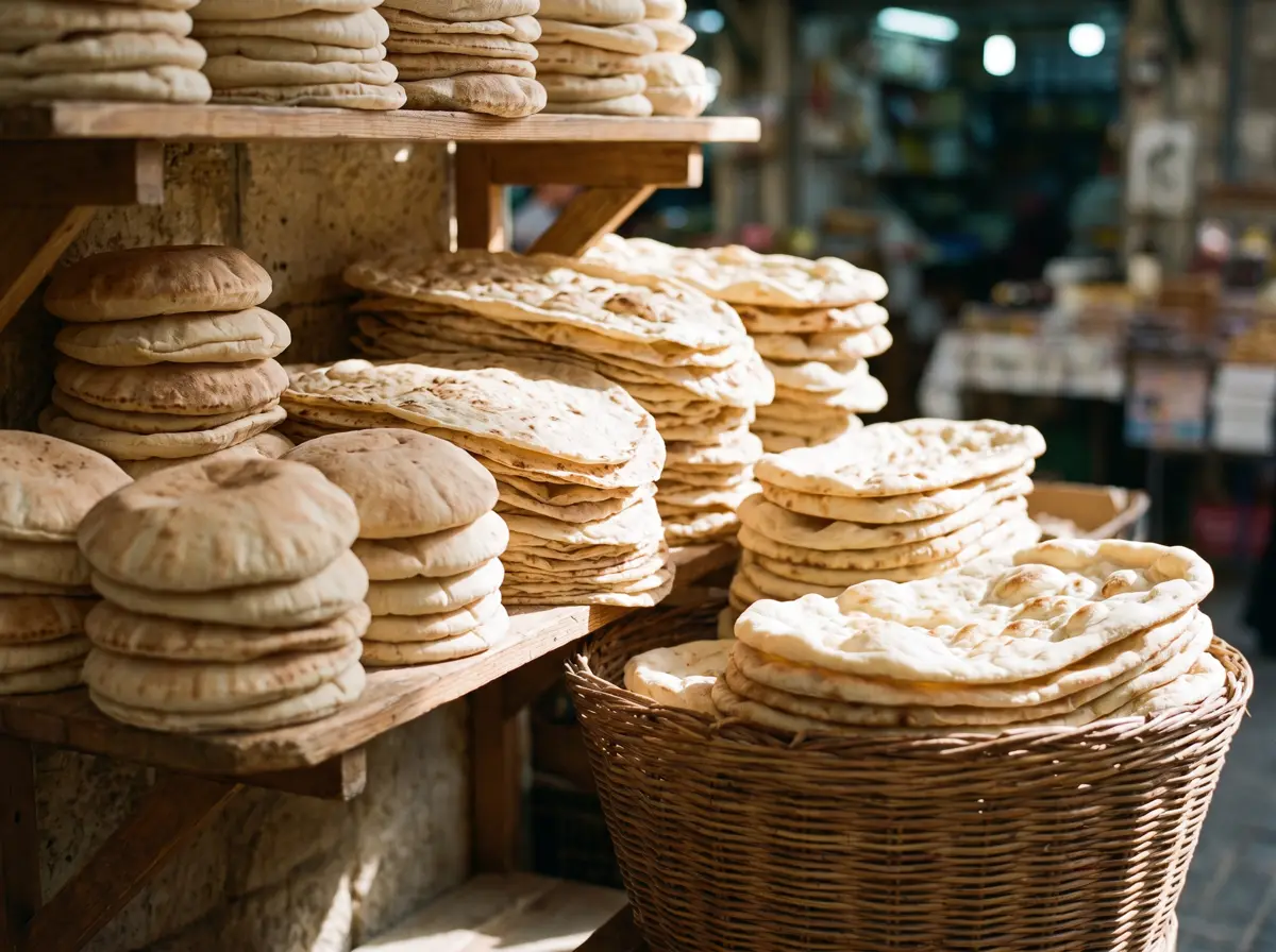 Stacks of fresh flatbread on wooden shelves and in a basket.