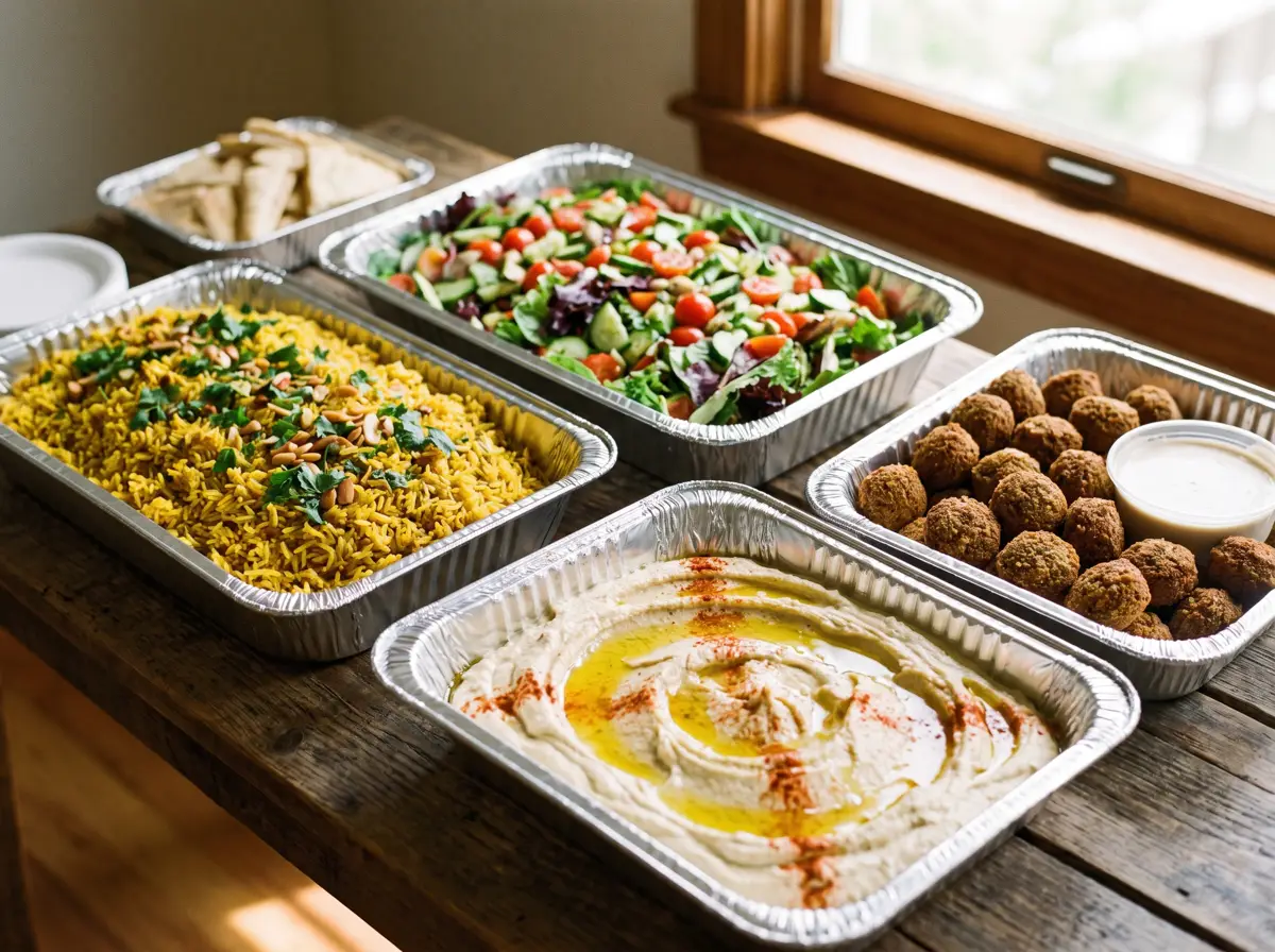 Catering trays of rice, salad, hummus and falafel laid out together.