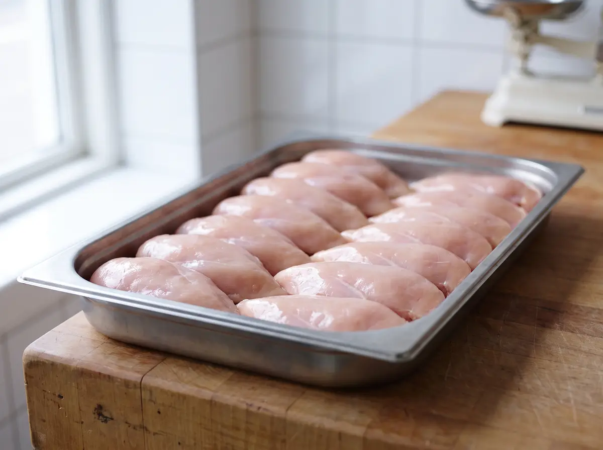 Trimmed boneless chicken breasts in a steel tray.