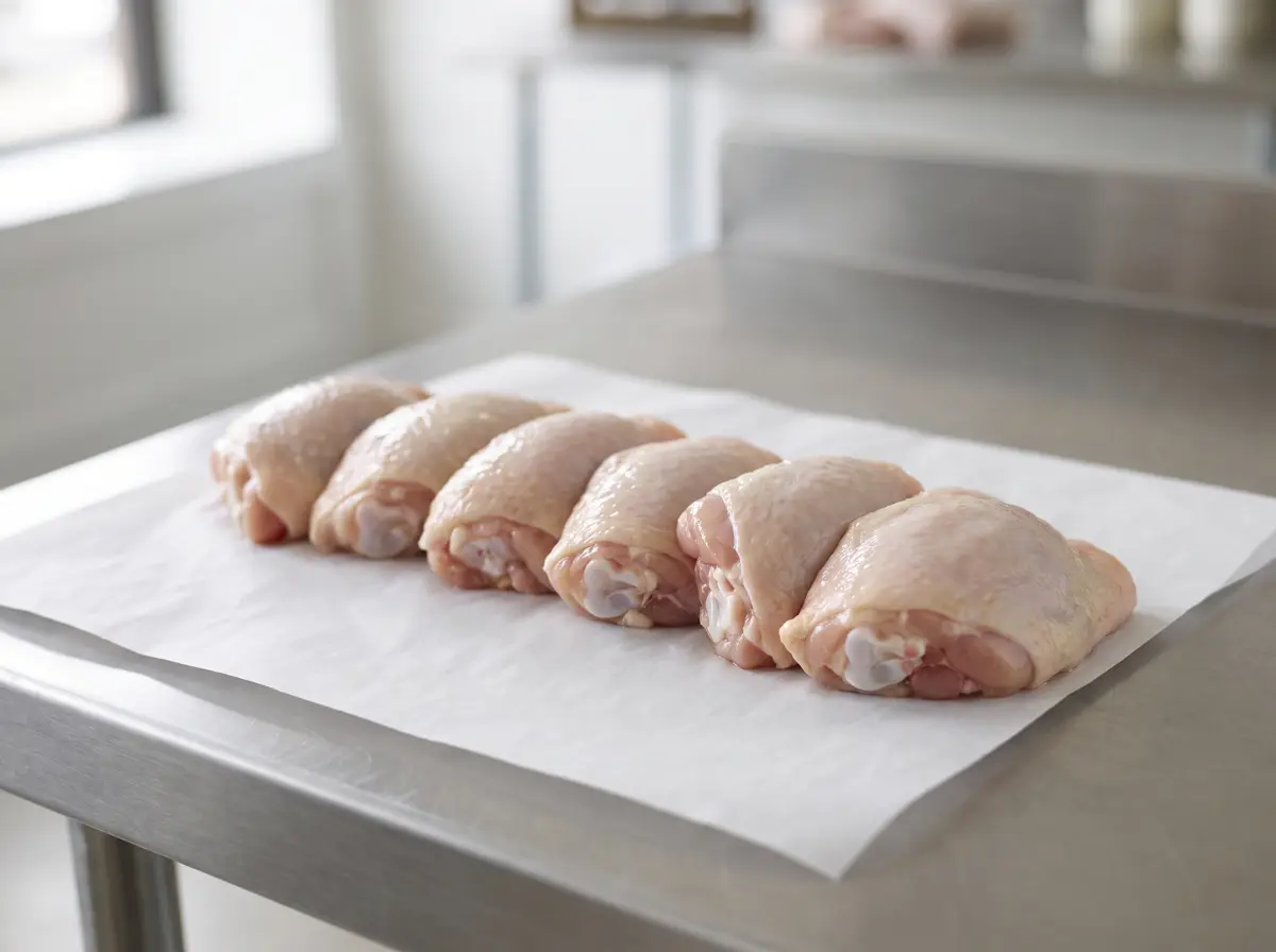 Bone-in chicken thighs arranged in a row.