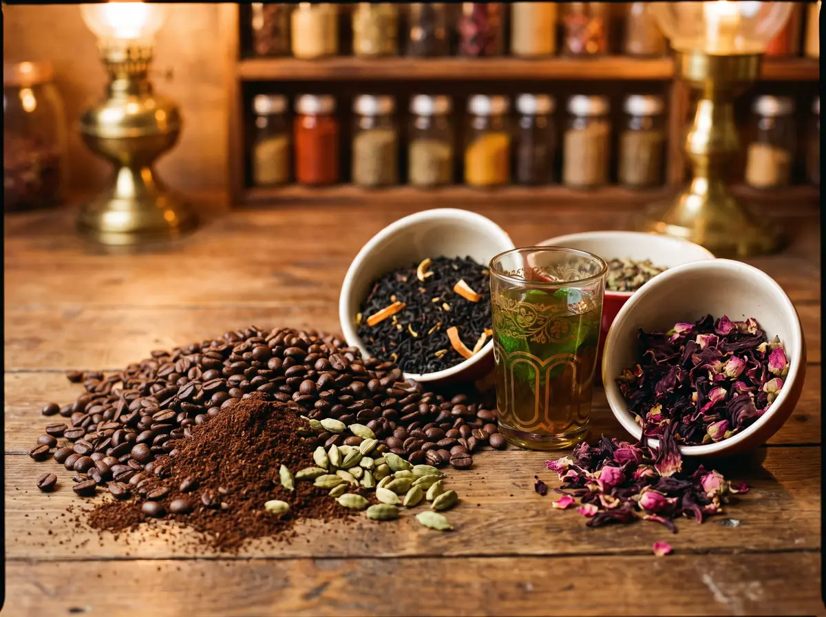 Ground coffee and beans with cardamom, loose tea and dried hibiscus in bowls.