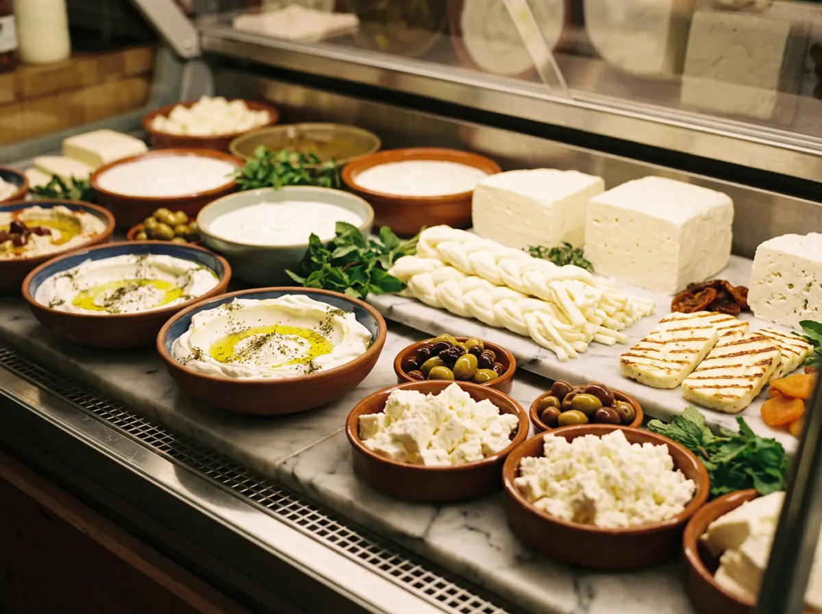 A chilled counter of white cheeses, labneh and yoghurt in bowls.