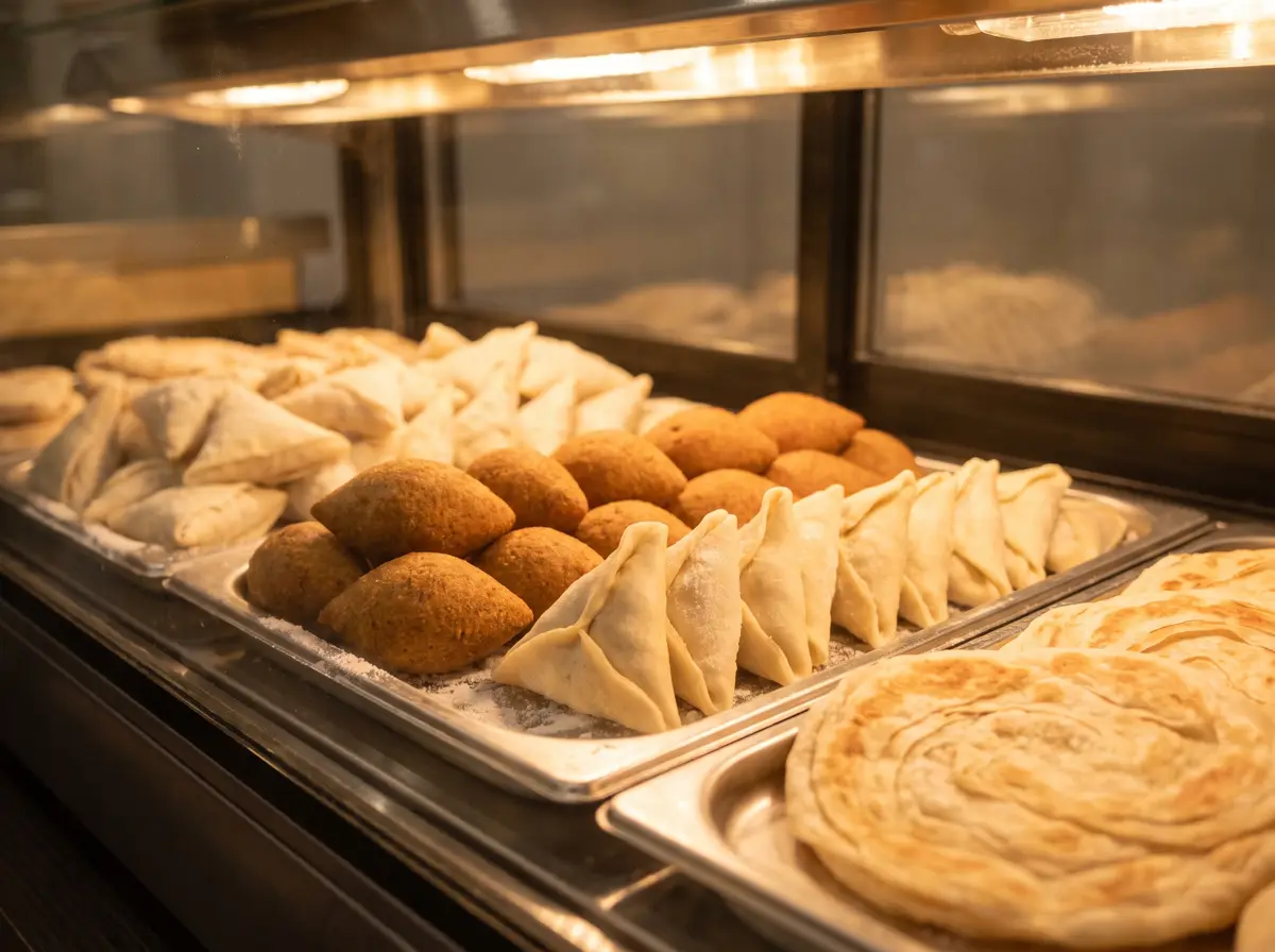 Trays of uncooked kibbeh, sambousek and paratha in a chilled cabinet.