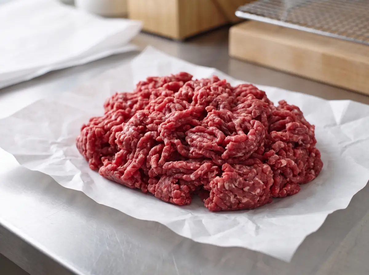 Freshly ground raw beef on butcher paper.