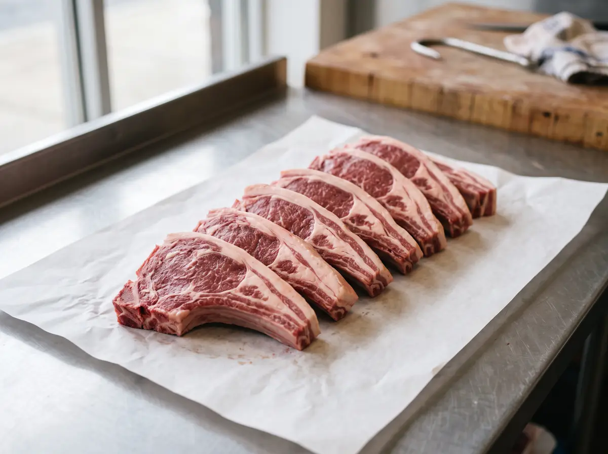 Raw lamb loin chops laid out in a row.