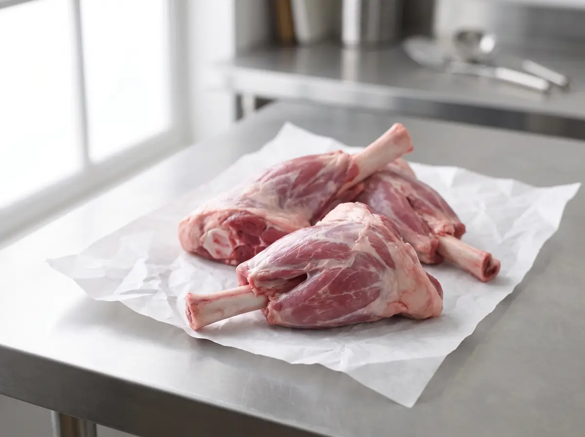 Raw lamb shanks on butcher paper.
