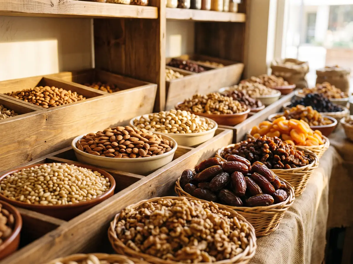 Bulk bins of nuts, dates and dried fruit on a wooden counter.