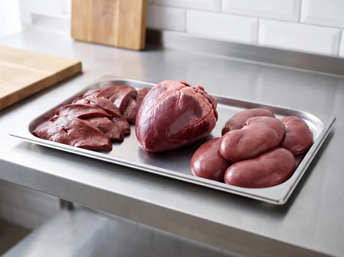Fresh liver, heart and kidneys arranged on a steel tray.
