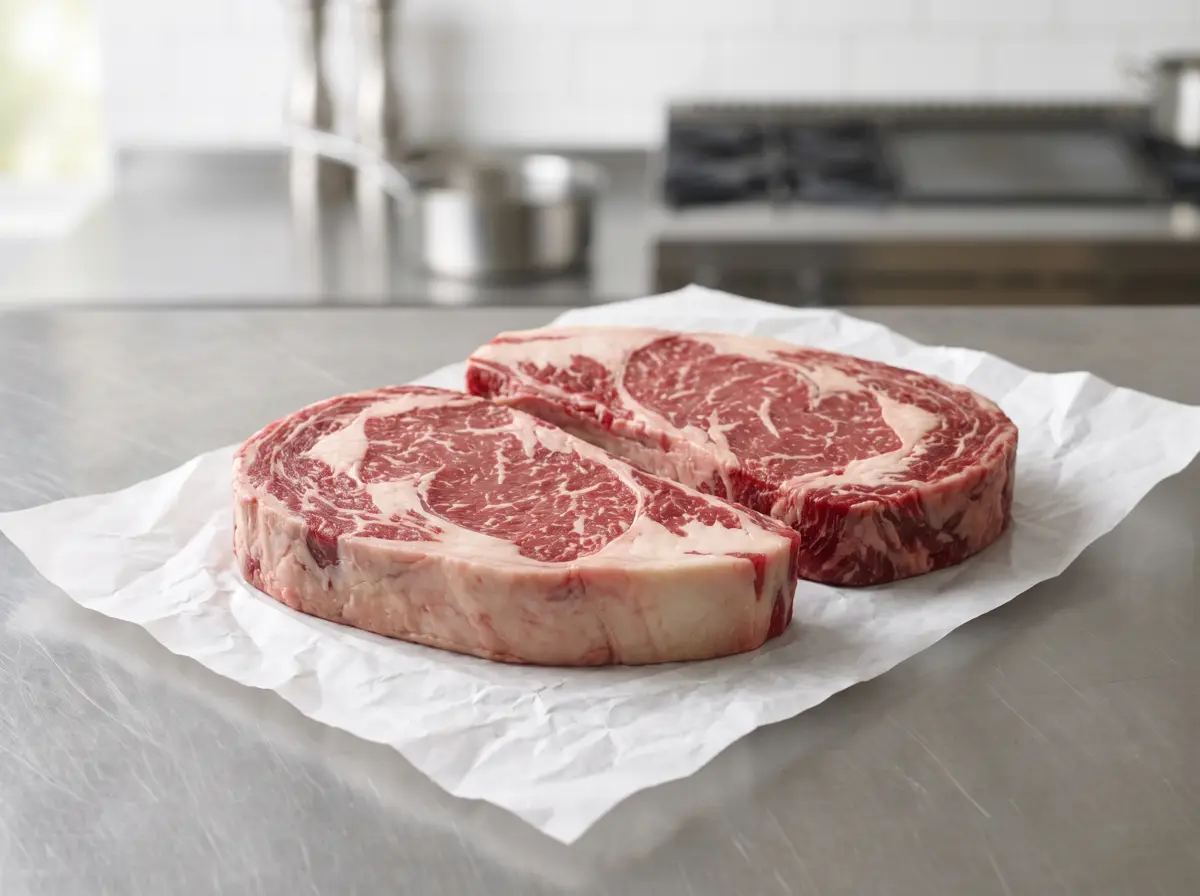 Two thick-cut raw ribeye steaks showing marbling.