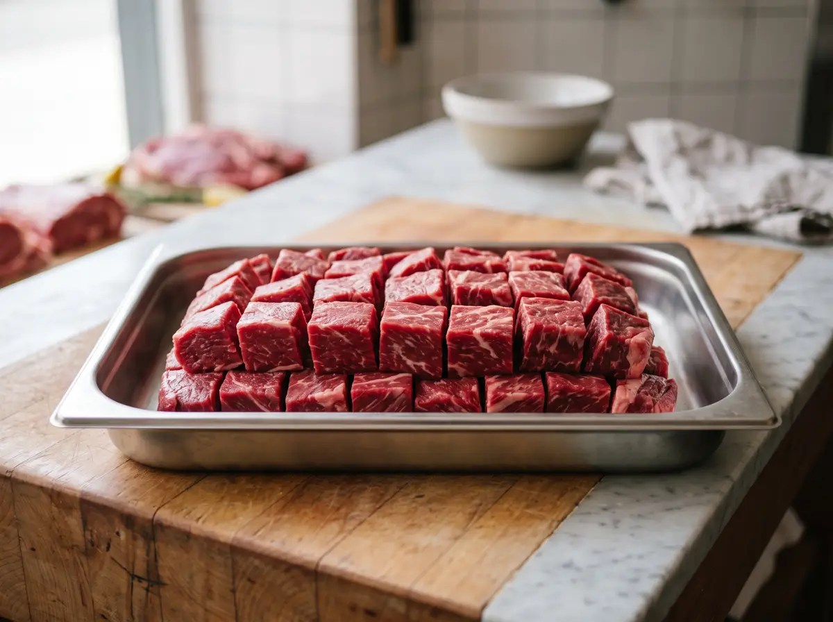 Cubes of raw beef, trimmed for stewing, in a steel tray.