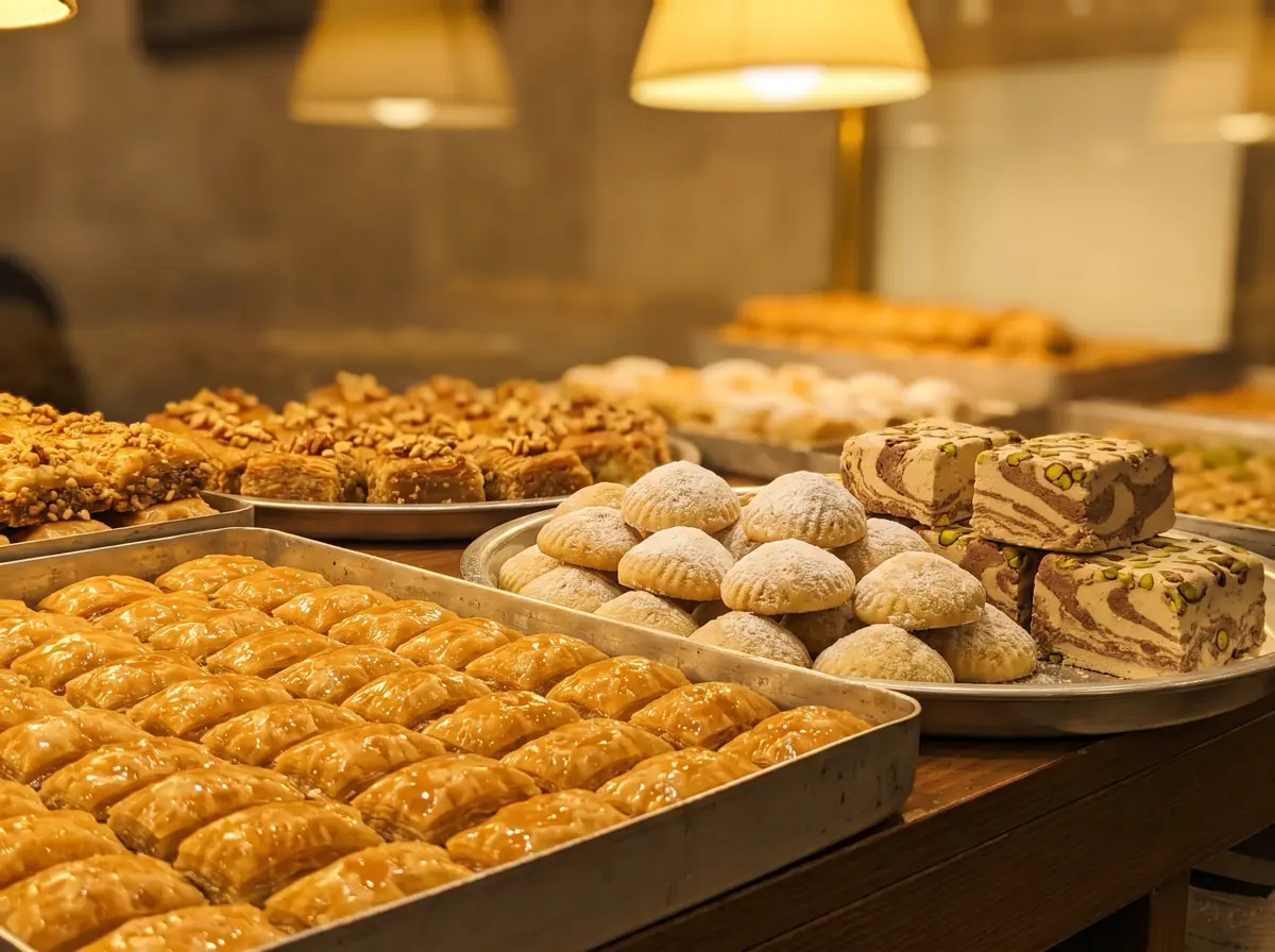 A tray of golden baklava beside maamoul and blocks of halva.