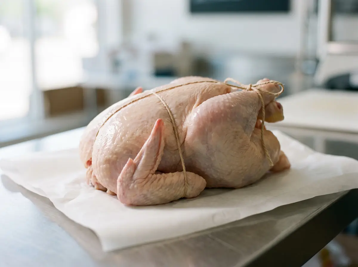 A whole raw chicken, trussed, on butcher paper.