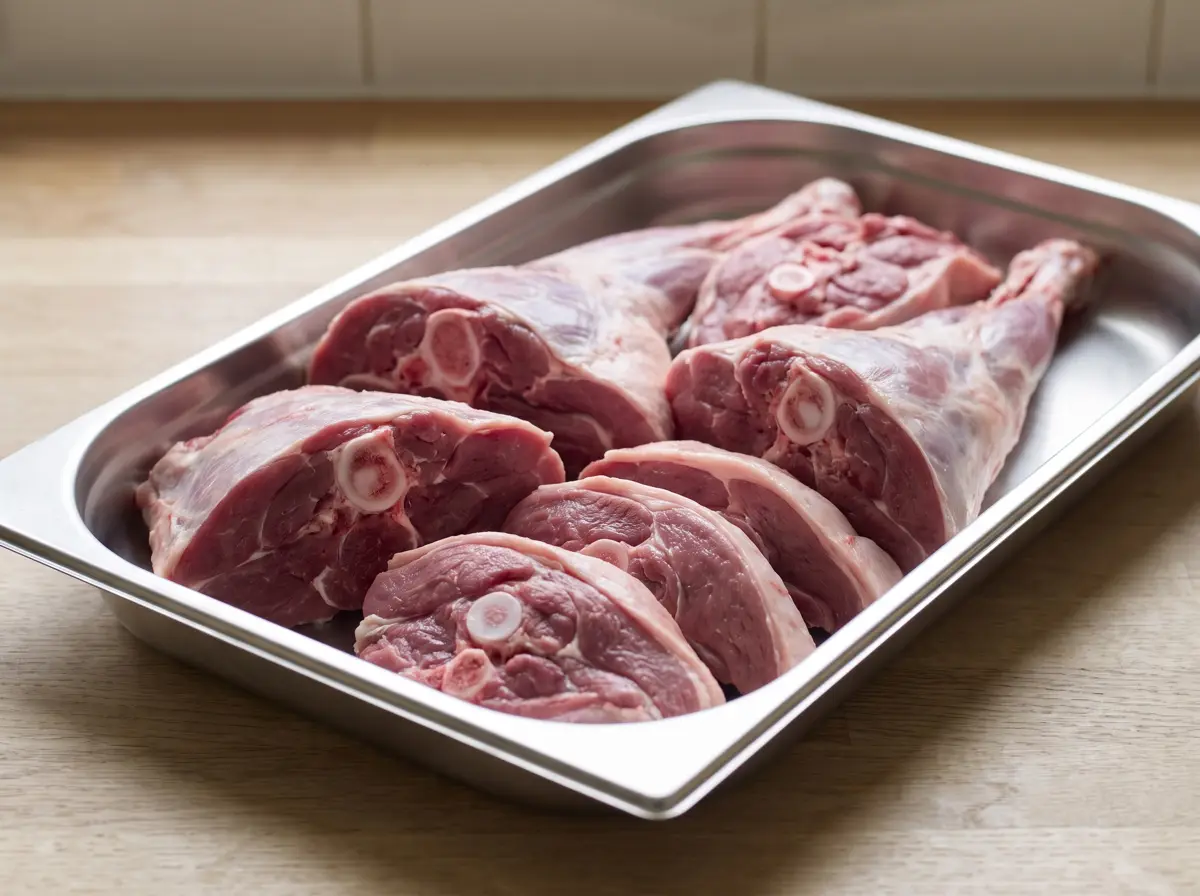 Bone-in goat meat cut into pieces in a steel tray.